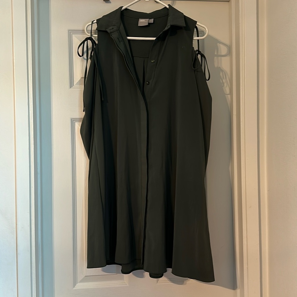 ASOS- Olive cold shoulder (tie detail) Fit-Flare dress SZ 8 (maternity optional)